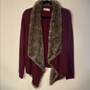 Hollister Maroon Cardigan with Faux Fur Collar